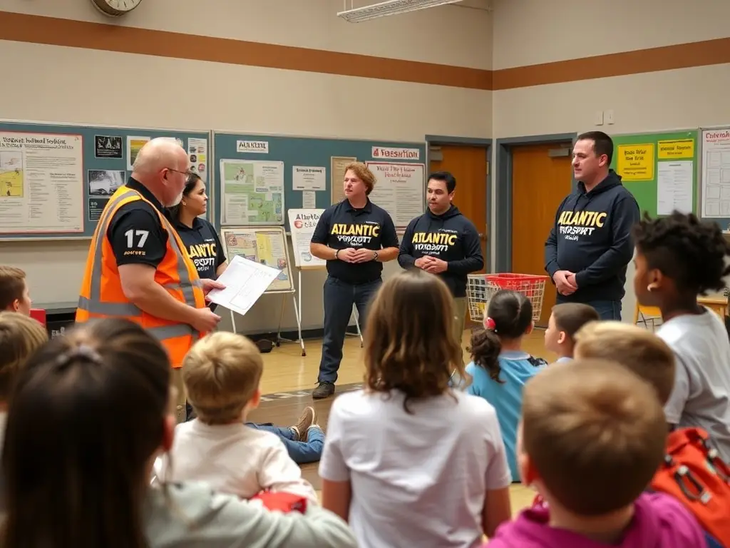 A photo of ATLANTIC MOTOR SPORT 17 members organizing a road safety awareness campaign in a local school. They are using interactive displays and demonstrations to educate students about safe driving practices.