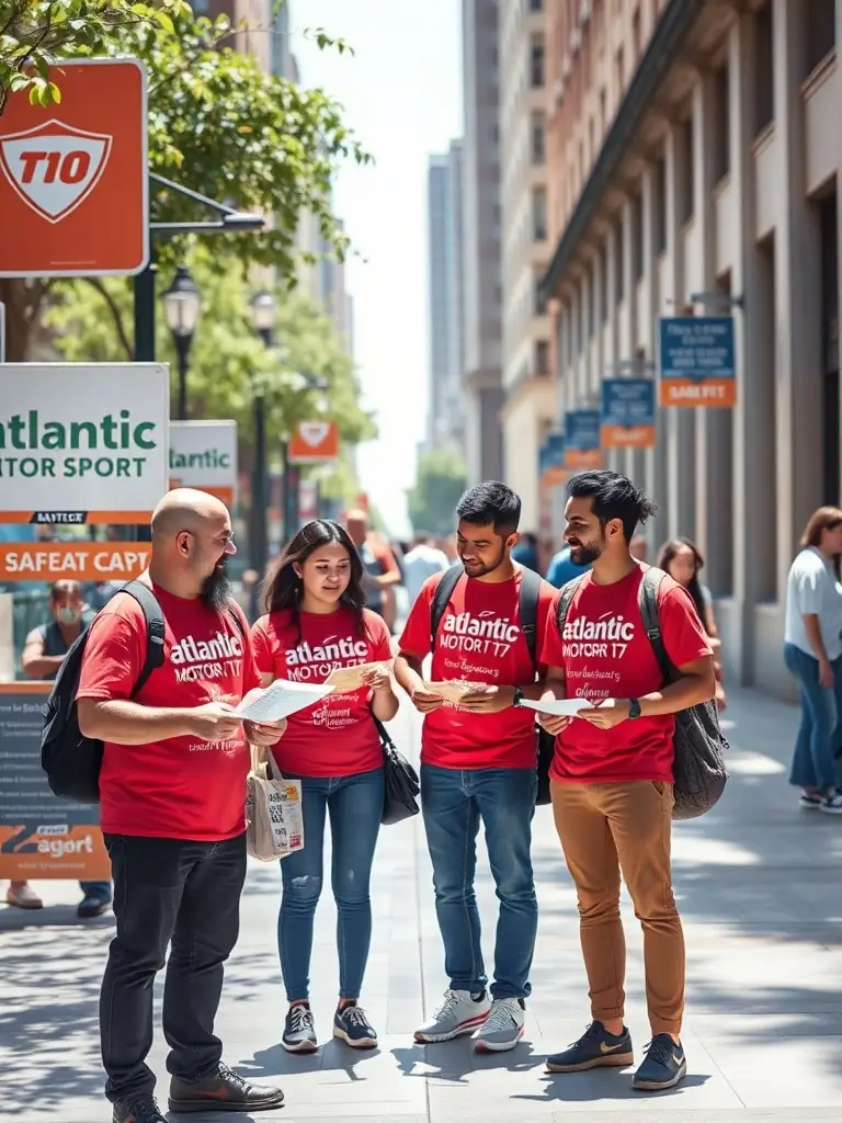 A picture of members participating in a road safety awareness campaign, distributing flyers and interacting with the public, demonstrating ATLANTIC MOTOR SPORT 17's commitment to community service.