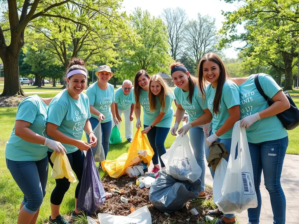 A group of young participants from ATLANTIC MOTOR SPORT 17's youth racing program volunteering at a local community event, cleaning up a park. They are wearing ATLANTIC MOTOR SPORT 17 branded t-shirts and smiling, showcasing their commitment to community service.
