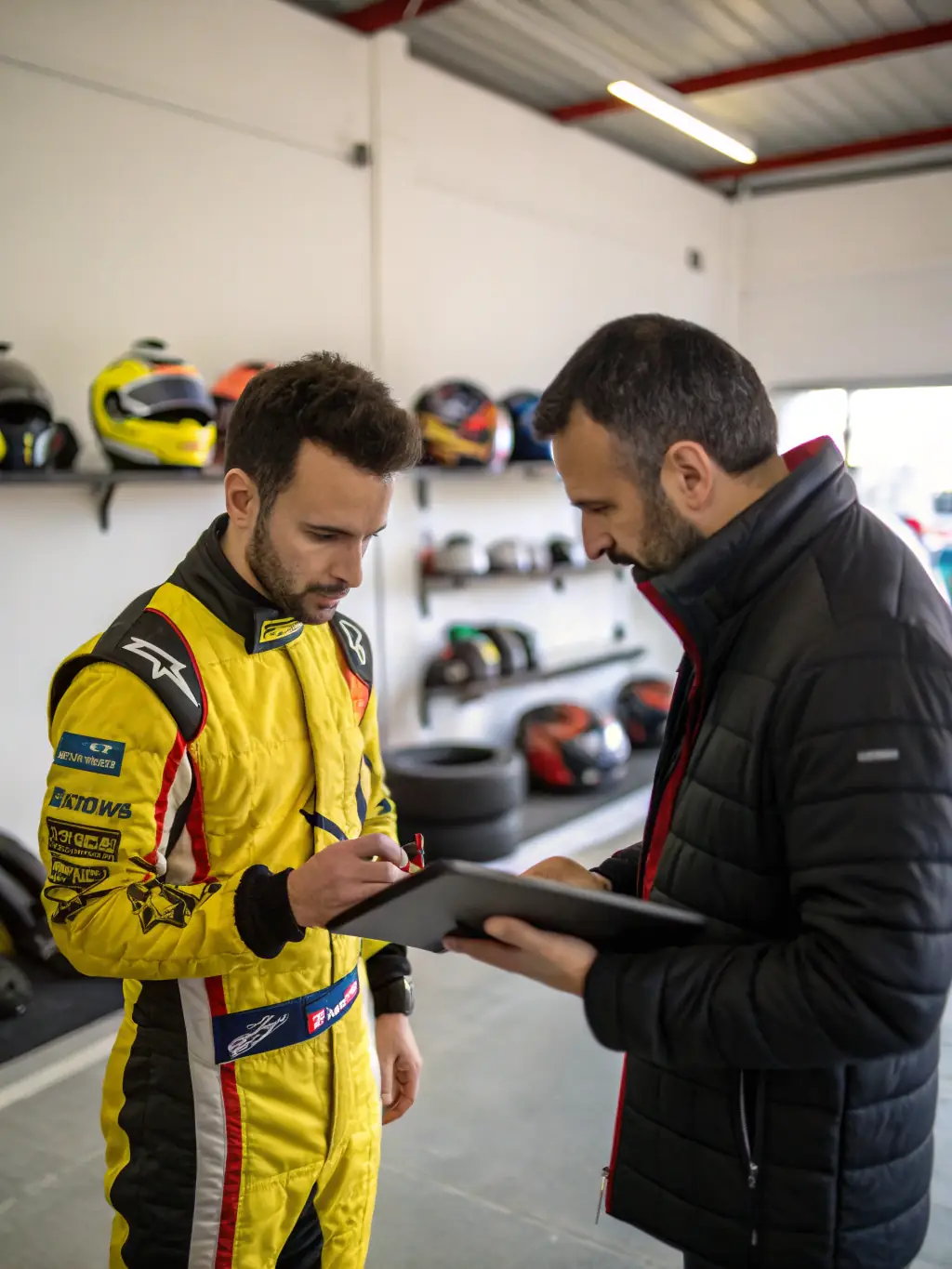 A photograph of a young driver receiving guidance from an experienced coach during a training session, highlighting the mentorship opportunities at ATLANTIC MOTOR SPORT 17.