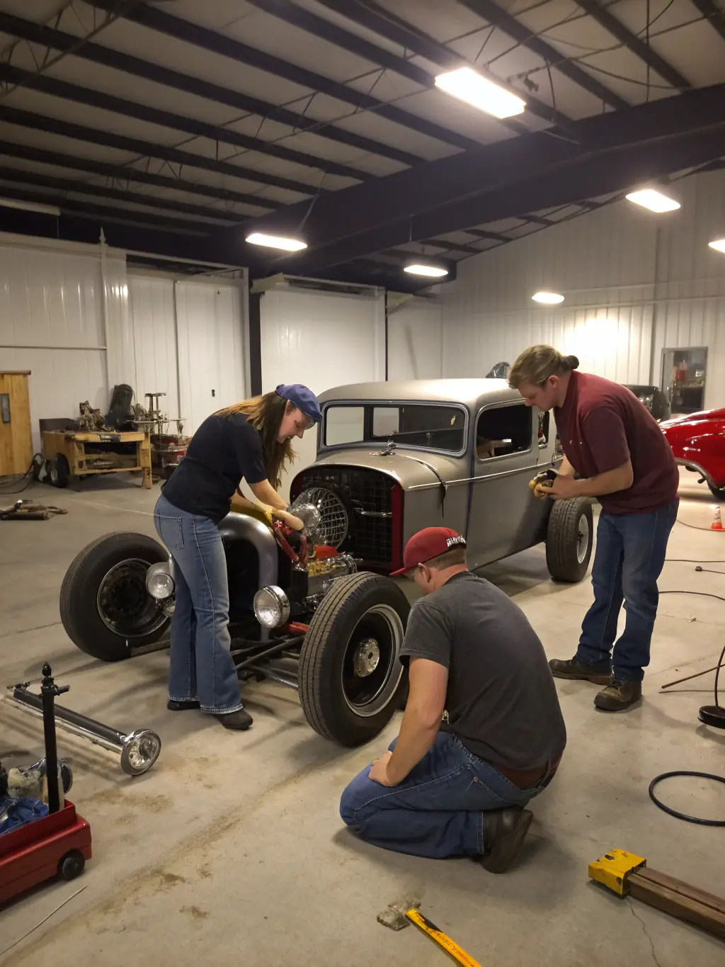 A group of young adults working together on a race car engine in a well-equipped garage, showcasing teamwork and technical skill development within ATLANTIC MOTOR SPORT 17.
