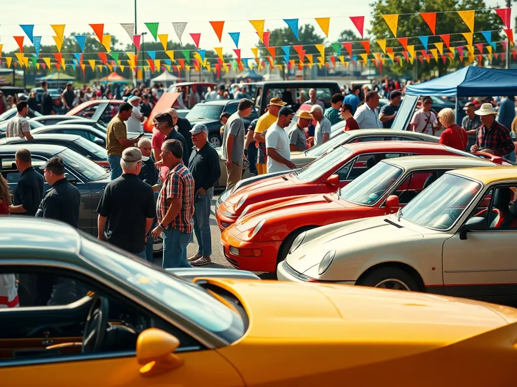A vibrant photo capturing a community motorsport event, with families and enthusiasts gathered around various racing vehicles, enjoying interactive displays and activities, promoting community engagement.