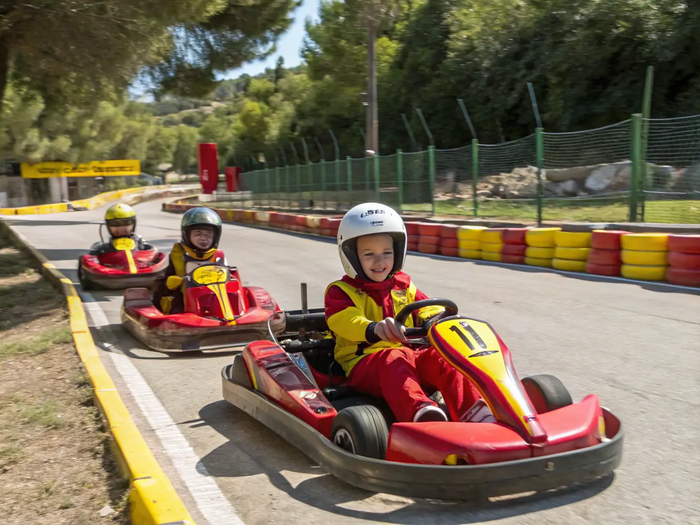 A vibrant image depicting young participants engaged in a go-karting session, showcasing the Youth Racing Program in action, with instructors providing guidance and ensuring safety.